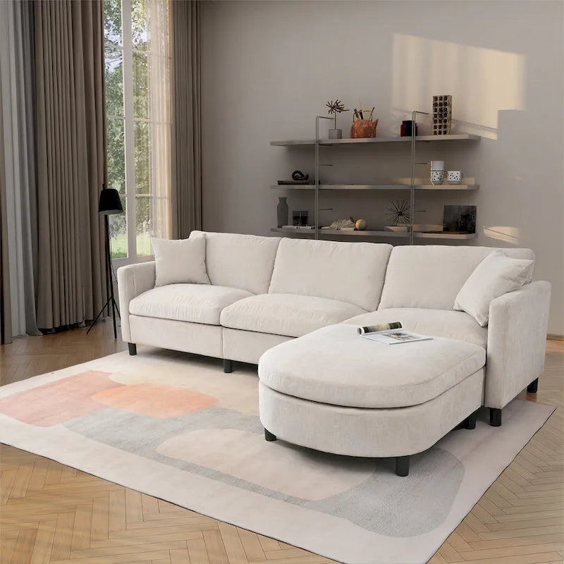 Beige 107.87 4-Seater Sofa with Movable Ottoman & Storage