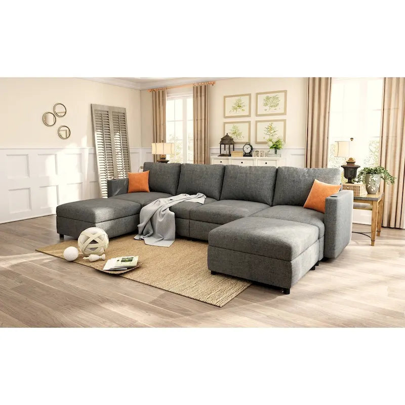 Christopher Knight Home - Stellar Modular U-Shaped Sectional Sofa Bed with Storage, 6 Seats, Ottoman, and Chenille Fabric