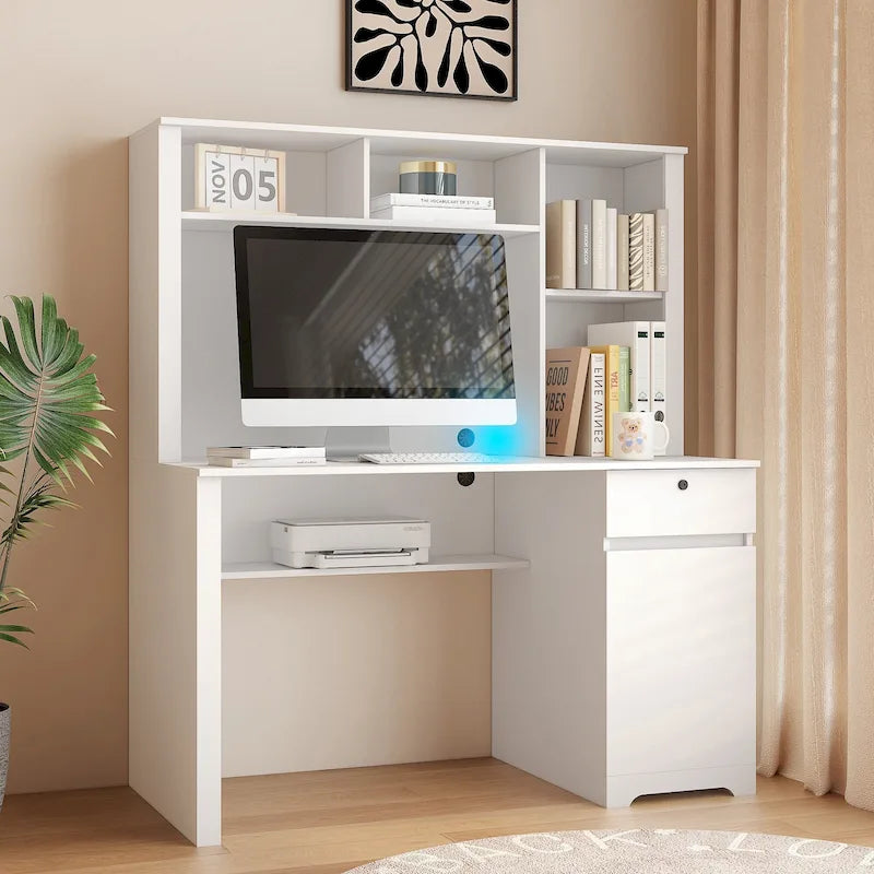 Modern Computer Office Desk with Charging Ports and Lockable Storage for Home Office or Compact Workspaces