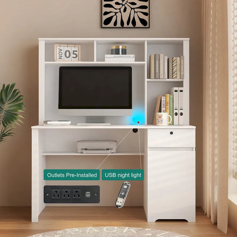 Modern Computer Office Desk with Charging Ports and Lockable Storage for Home Office or Compact Workspaces