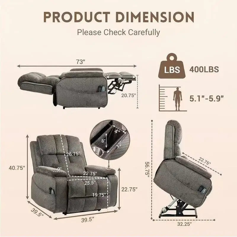 Power Lift Recliner with Extended Footrest,Overstuffed Chenille Dual Motor Recliners with Heat/Message,USB Type C Charging