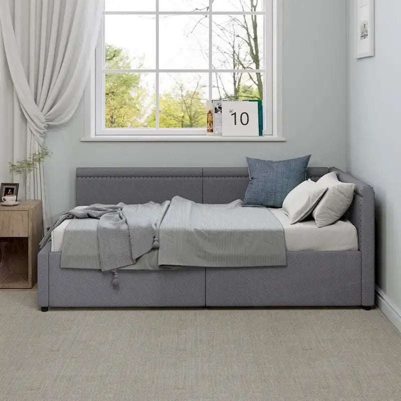 Modern Twin Size L Shape Corner Upholstered Daybed with Two Storage Drawers