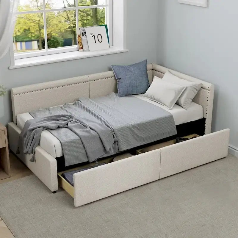 Modern Twin Size L Shape Corner Upholstered Daybed with Two Storage Drawers