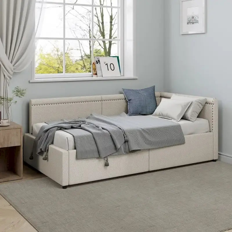 Modern Twin Size L Shape Corner Upholstered Daybed with Two Storage Drawers