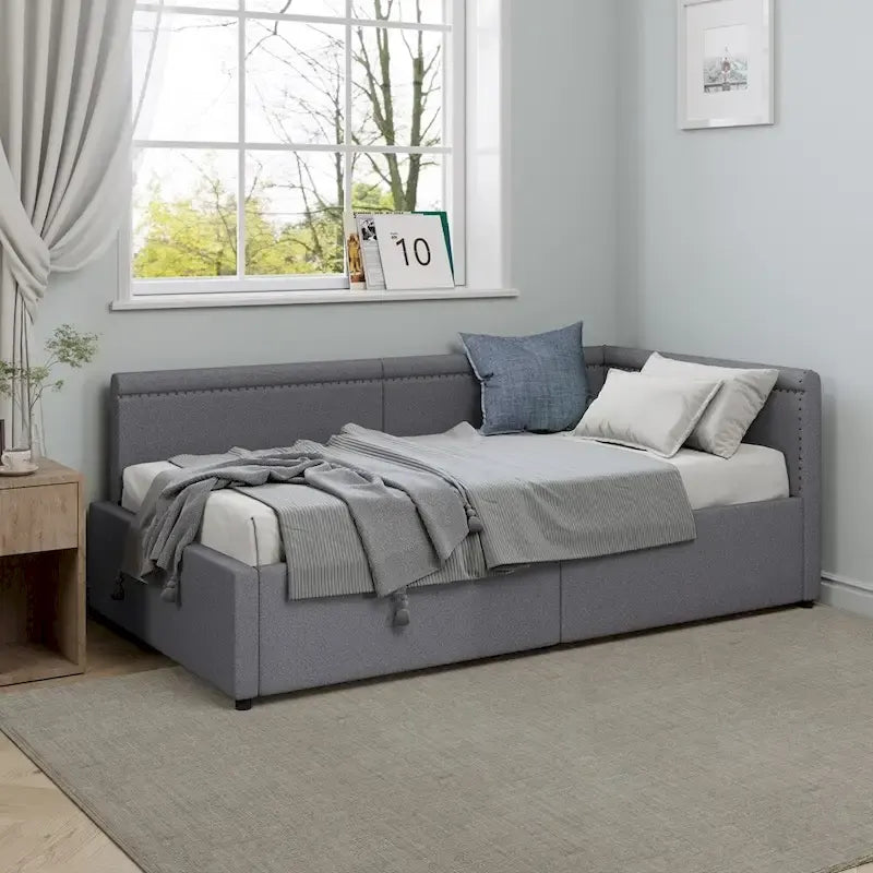 Modern Twin Size L Shape Corner Upholstered Daybed with Two Storage Drawers