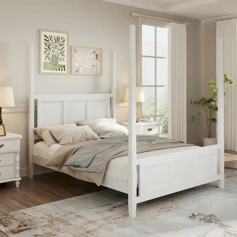 Roomfitters Queen Size Poster Bed, Traditional Wood Frame, Horizontal Grille Design, White