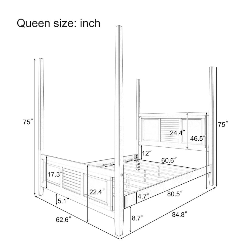 Roomfitters Queen Size Poster Bed, Traditional Wood Frame, Horizontal Grille Design, White