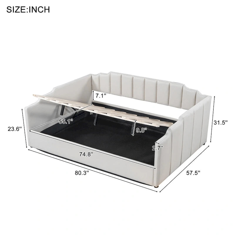 Upholstered Daybed with Underneath Storage,Full Size, Beige
