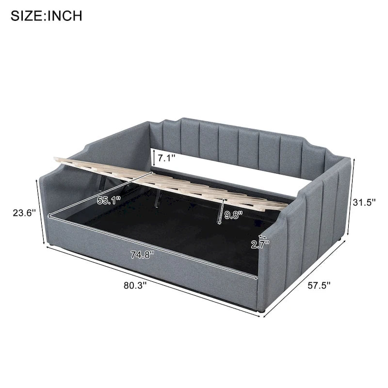 Upholstered Daybed with Underneath Storage,Full Size, Beige