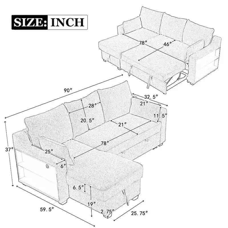 L-Shaped Reversible Sleeper Sectional Couch Pull Out Sofa Bed with Storage Racks, 2 Pillows and USB Port for Living Room