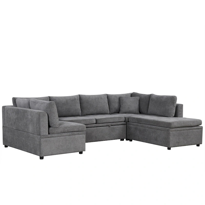 L-Shaped Reversible Sleeper Sectional Couch Pull Out Sofa Bed with Storage Racks, 2 Pillows and USB Port for Living Room
