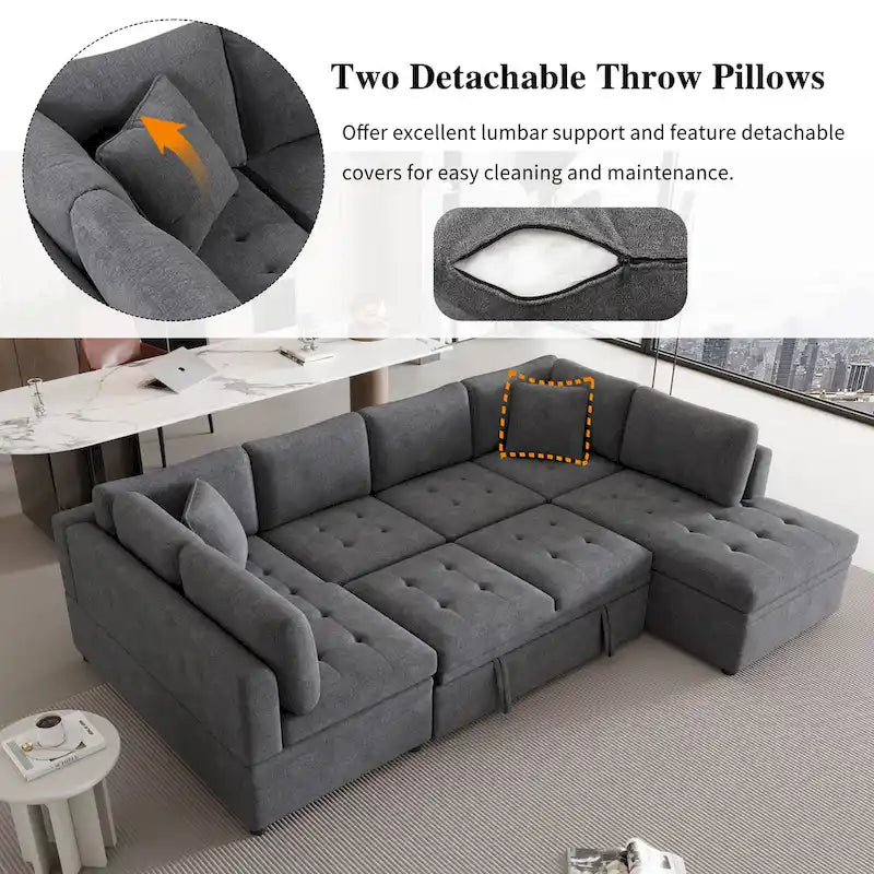 L-Shaped Reversible Sleeper Sectional Couch Pull Out Sofa Bed with Storage Racks, 2 Pillows and USB Port for Living Room