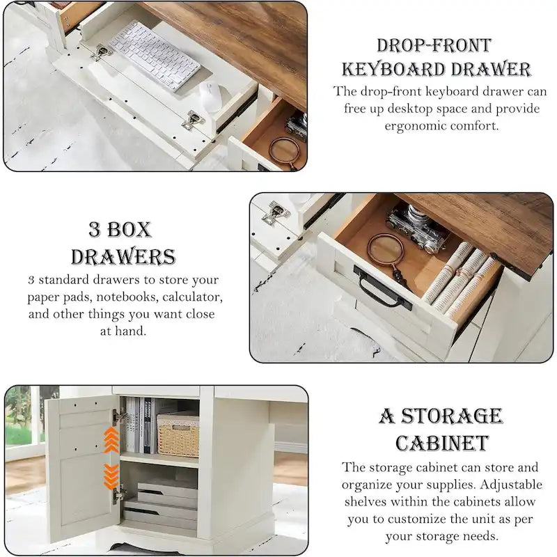 Farmhouse Desk, Wood Home Office Executive Desk with Charging Station