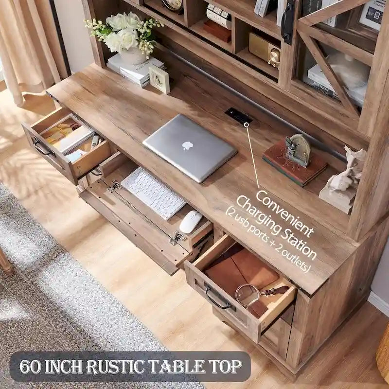 Farmhouse Desk, Wood Home Office Executive Desk with Charging Station