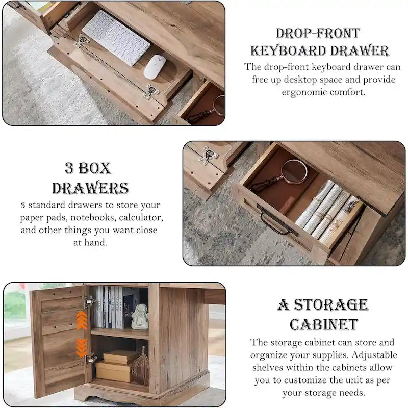 Farmhouse Desk, Wood Home Office Executive Desk with Charging Station