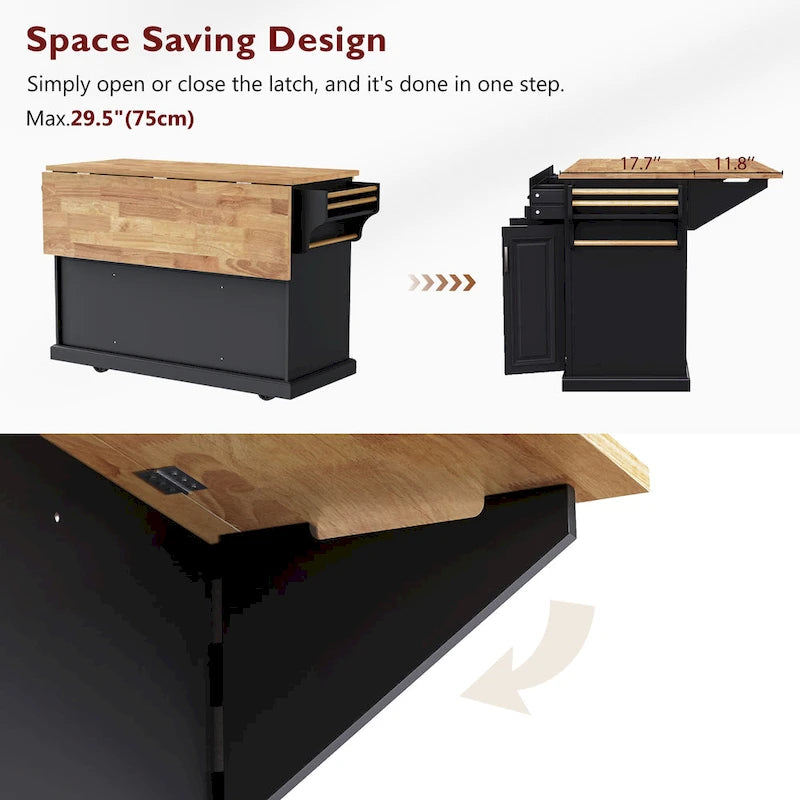 53 Kitchen Island With Drop Leaf, Kitchen Island On Wheels with Storage, Rolling Kitchen Table, Mobile Kitchen Cart