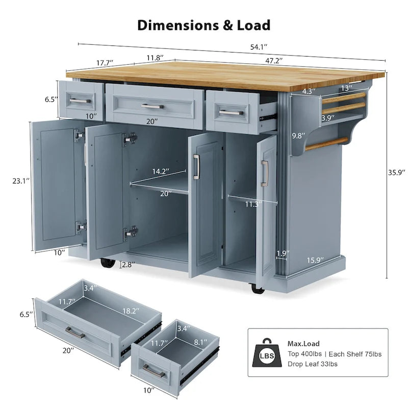 53 Kitchen Island With Drop Leaf, Kitchen Island On Wheels with Storage, Rolling Kitchen Table, Mobile Kitchen Cart