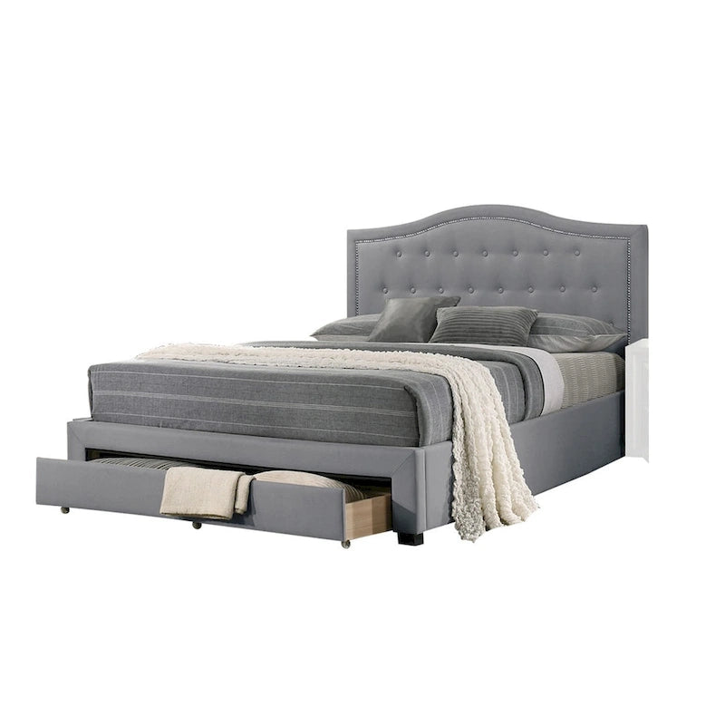 Sey California King Bed w Storage Drawer, Light Gray Burlap Upholstery