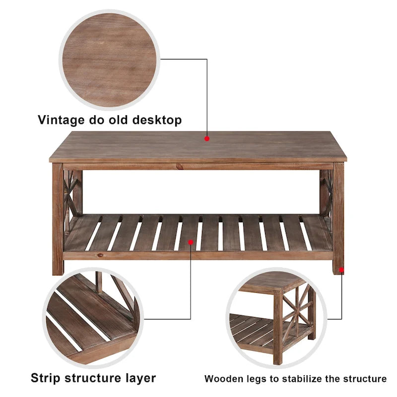 Modern Coffee Table Rectangular Living Room Center Table with Storage Shelves, for Small Space Living Room Antique Brown