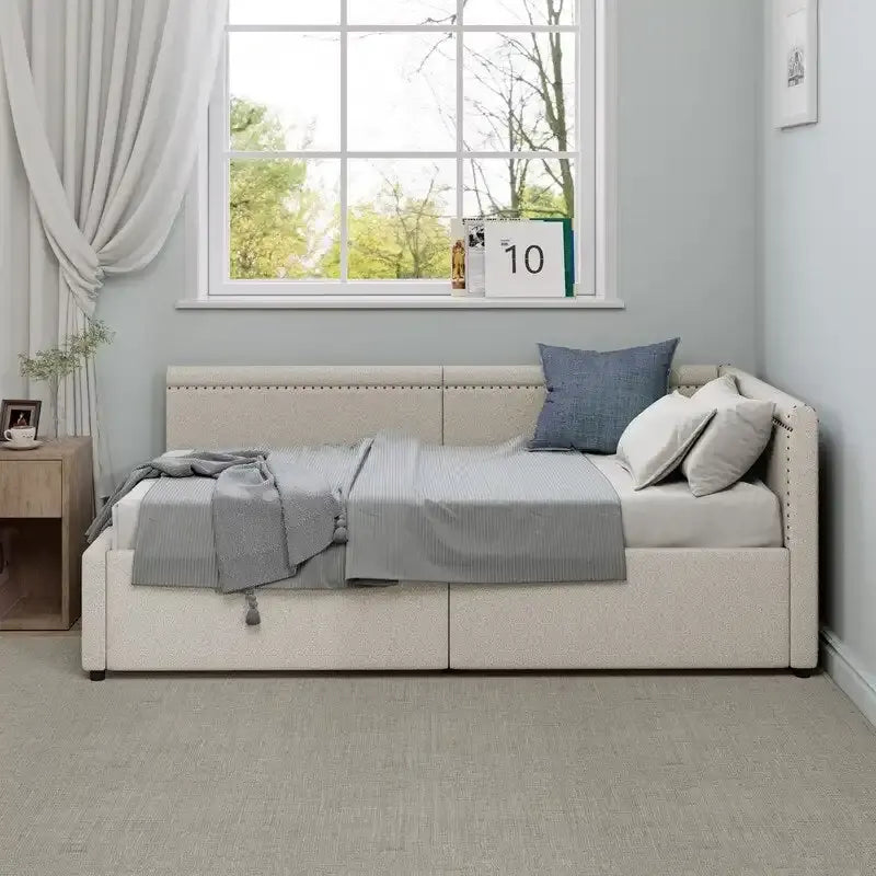 Twin Size L Shape Linen Upholstered Daybed with Two Storage Drawers