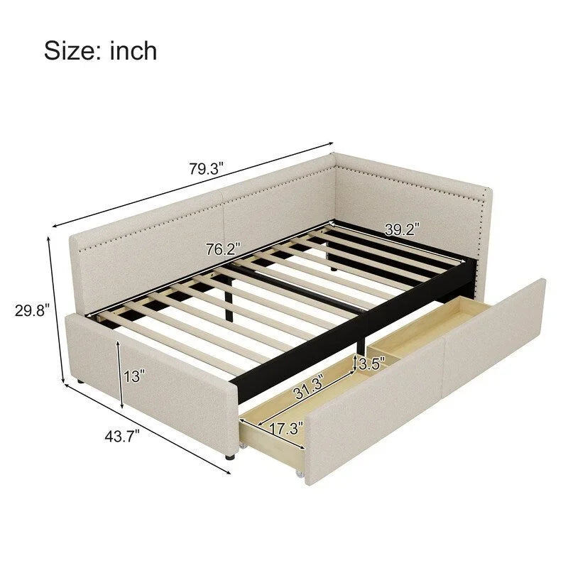 Twin Size L Shape Linen Upholstered Daybed with Two Storage Drawers