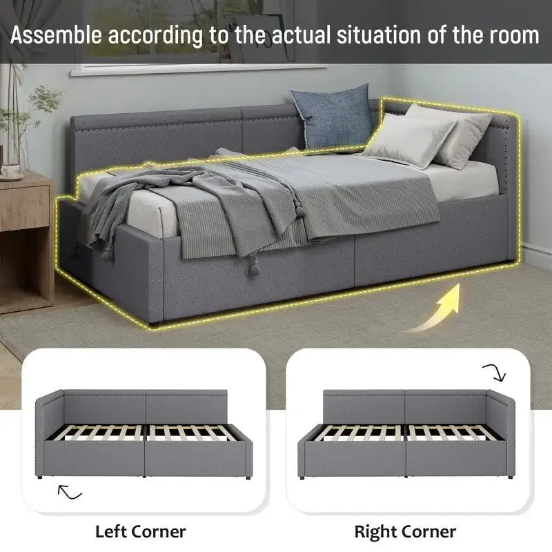 Twin Size L Shape Linen Upholstered Daybed with Two Storage Drawers