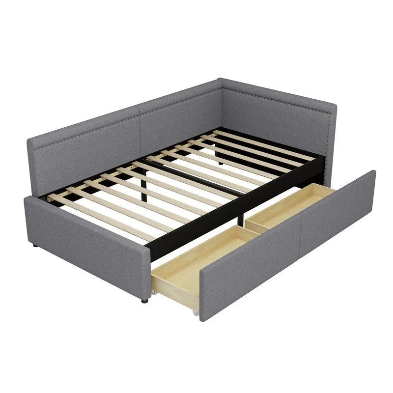 Twin Size L Shape Linen Upholstered Daybed with Two Storage Drawers