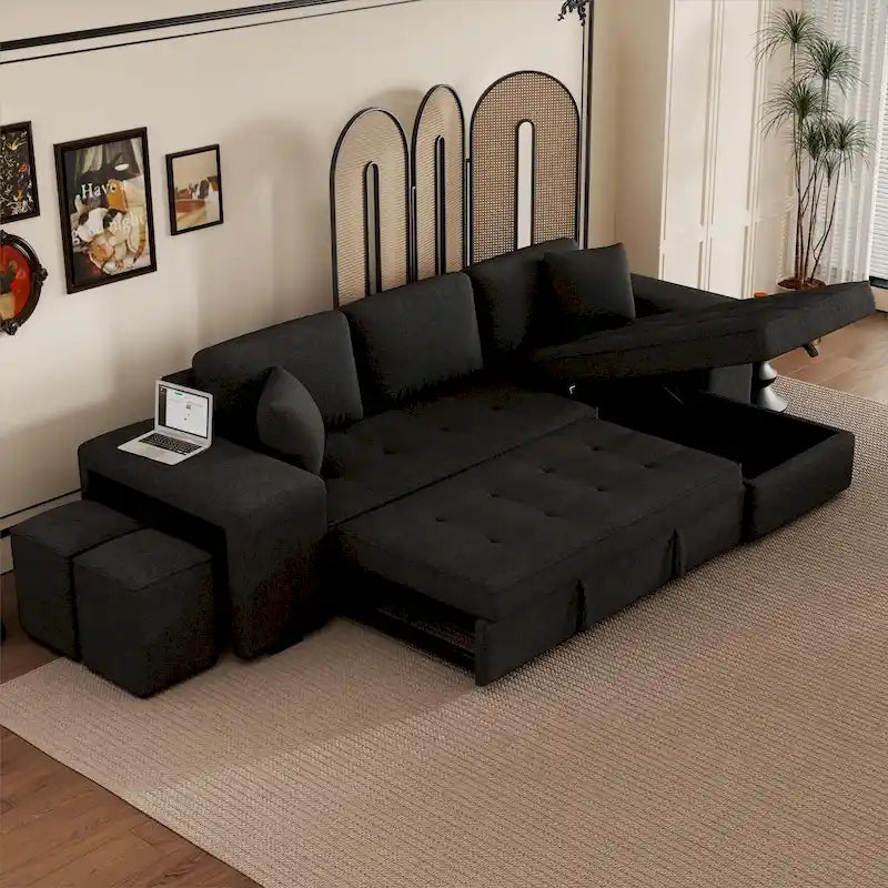 Roomfitters 3-Seater Modern L-Shape Reversible Sectional Couch, Pull-Out Sleeper Sofa with Storage Chaise and Two Stools