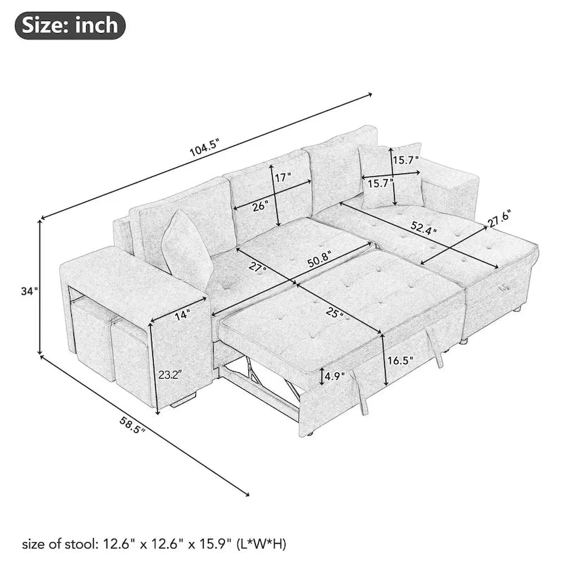 Roomfitters 3-Seater Modern L-Shape Reversible Sectional Couch, Pull-Out Sleeper Sofa with Storage Chaise and Two Stools