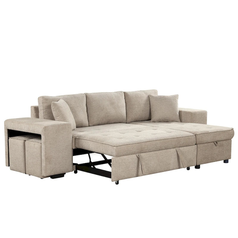 Roomfitters 3-Seater Modern L-Shape Reversible Sectional Couch, Pull-Out Sleeper Sofa with Storage Chaise and Two Stools
