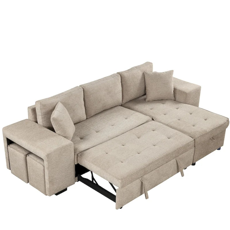 Roomfitters 3-Seater Modern L-Shape Reversible Sectional Couch, Pull-Out Sleeper Sofa with Storage Chaise and Two Stools