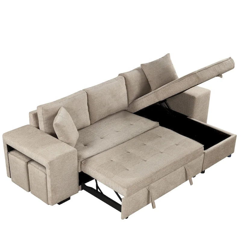 Roomfitters 3-Seater Modern L-Shape Reversible Sectional Couch, Pull-Out Sleeper Sofa with Storage Chaise and Two Stools
