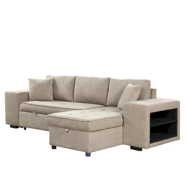 Roomfitters 3-Seater Modern L-Shape Reversible Sectional Couch, Pull-Out Sleeper Sofa with Storage Chaise and Two Stools