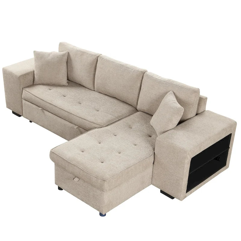 Roomfitters 3-Seater Modern L-Shape Reversible Sectional Couch, Pull-Out Sleeper Sofa with Storage Chaise and Two Stools