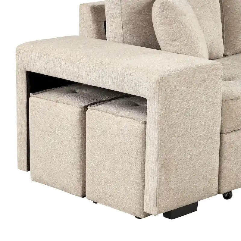 Roomfitters 3-Seater Modern L-Shape Reversible Sectional Couch, Pull-Out Sleeper Sofa with Storage Chaise and Two Stools