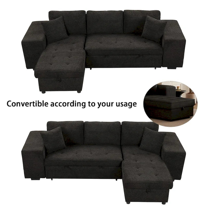Roomfitters 3-Seater Modern L-Shape Reversible Sectional Couch, Pull-Out Sleeper Sofa with Storage Chaise and Two Stools