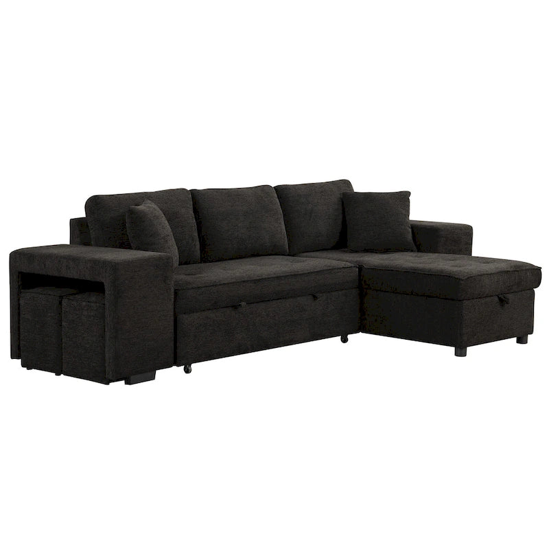 Roomfitters 3-Seater Modern L-Shape Reversible Sectional Couch, Pull-Out Sleeper Sofa with Storage Chaise and Two Stools