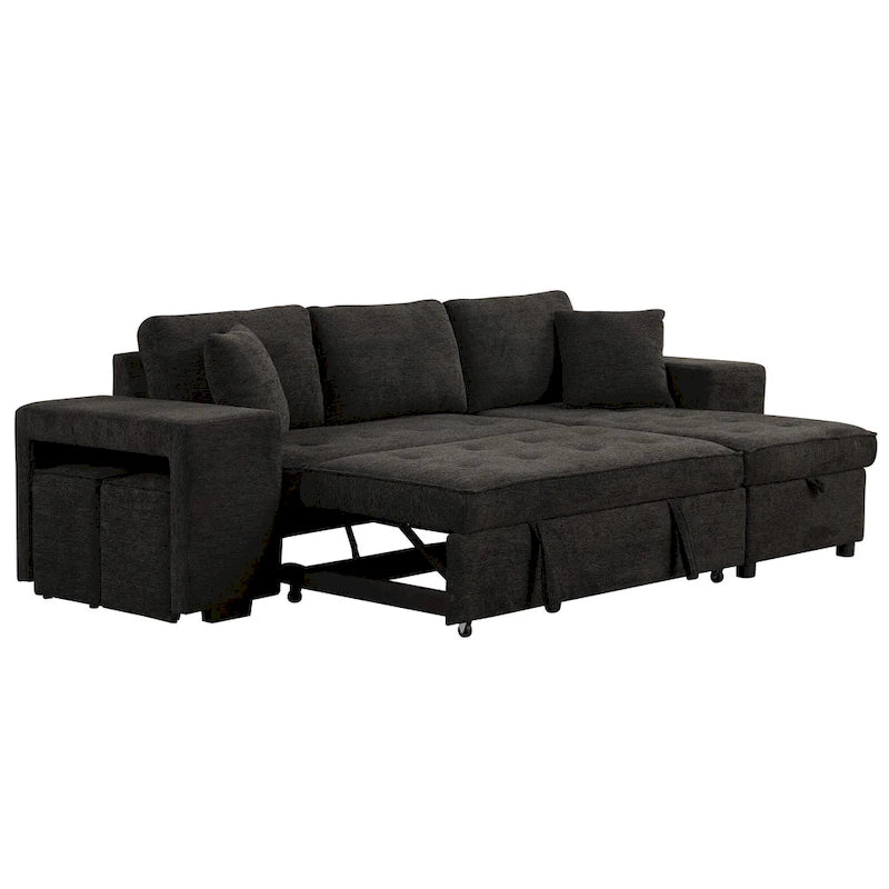 Roomfitters 3-Seater Modern L-Shape Reversible Sectional Couch, Pull-Out Sleeper Sofa with Storage Chaise and Two Stools