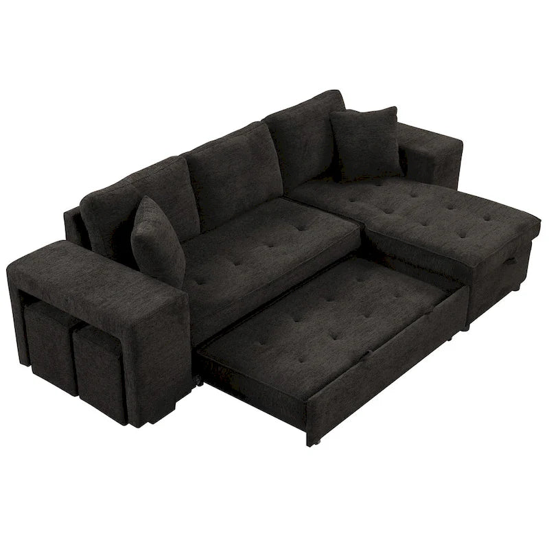 Roomfitters 3-Seater Modern L-Shape Reversible Sectional Couch, Pull-Out Sleeper Sofa with Storage Chaise and Two Stools