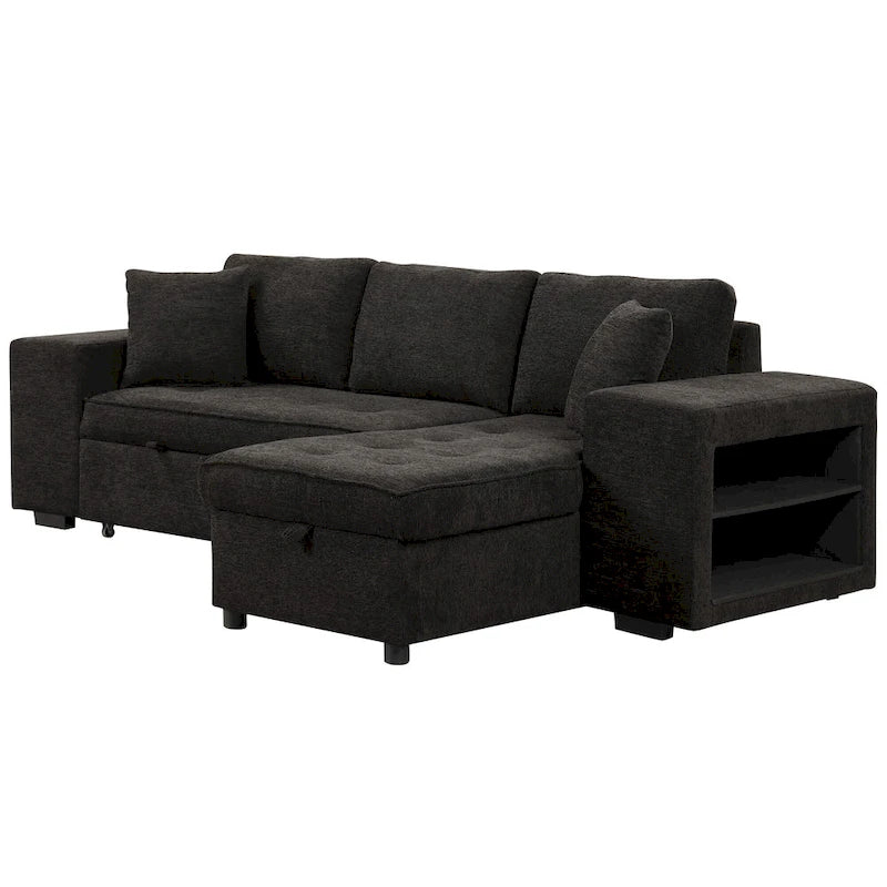 Roomfitters 3-Seater Modern L-Shape Reversible Sectional Couch, Pull-Out Sleeper Sofa with Storage Chaise and Two Stools