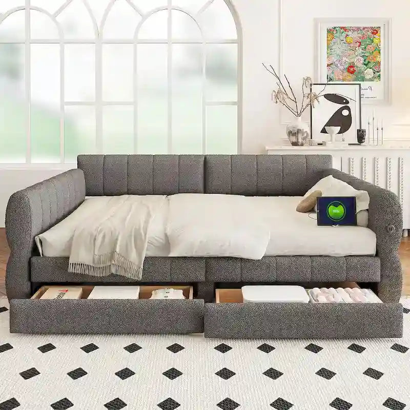 Queen Size Upholstered Platform Bed with USB Port and 2 Drawers, Wood Daybed Frame with Backrest Design, No Box Spring Needed
