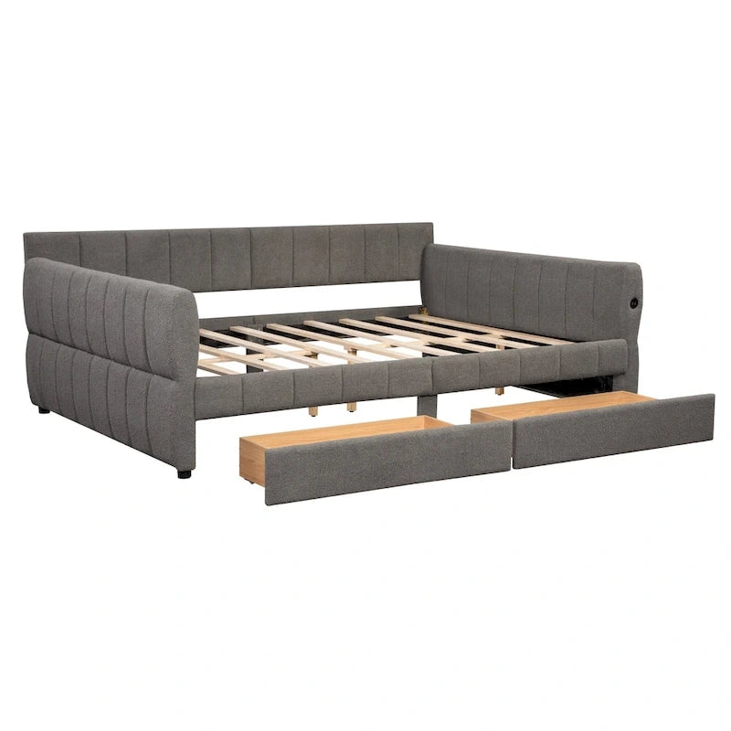 Queen Size Upholstered Platform Bed with USB Port and 2 Drawers, Wood Daybed Frame with Backrest Design, No Box Spring Needed