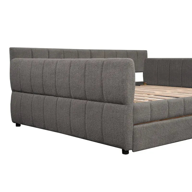 Queen Size Upholstered Platform Bed with USB Port and 2 Drawers, Wood Daybed Frame with Backrest Design, No Box Spring Needed
