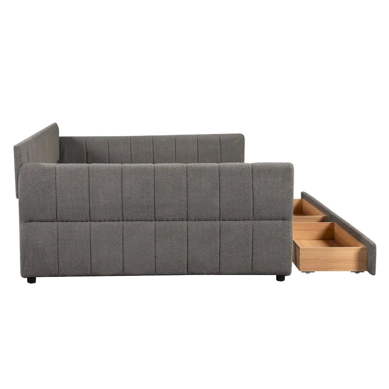 Queen Size Upholstered Platform Bed with USB Port and 2 Drawers, Wood Daybed Frame with Backrest Design, No Box Spring Needed