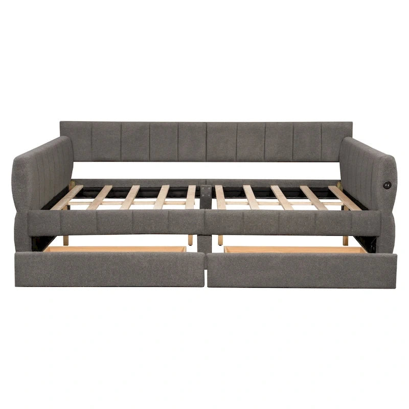 Queen Size Upholstered Platform Bed with USB Port and 2 Drawers, Wood Daybed Frame with Backrest Design, No Box Spring Needed