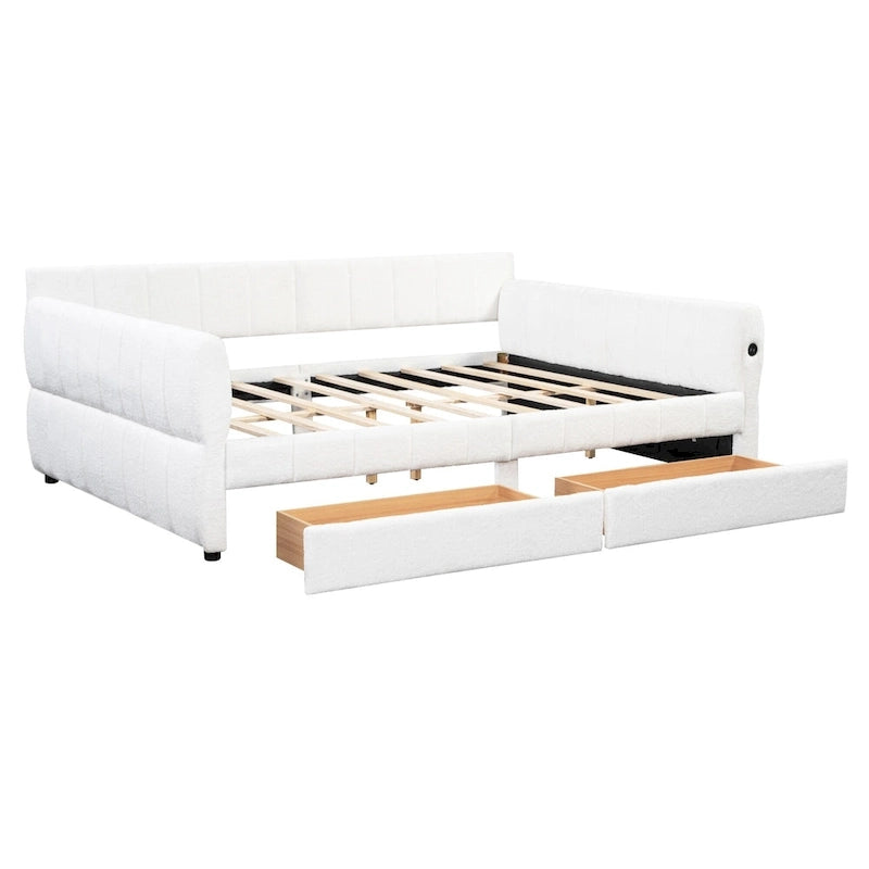 Queen Size Upholstered Platform Bed with USB Port and 2 Drawers, Wood Daybed Frame with Backrest Design, No Box Spring Needed