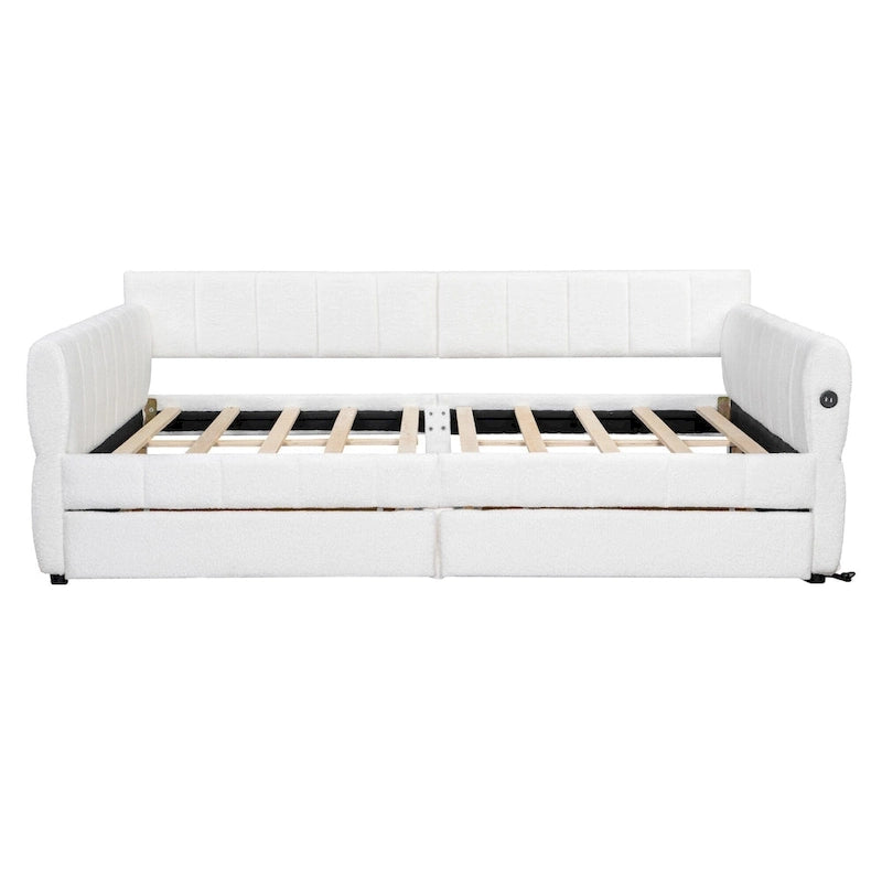 Queen Size Upholstered Platform Bed with USB Port and 2 Drawers, Wood Daybed Frame with Backrest Design, No Box Spring Needed