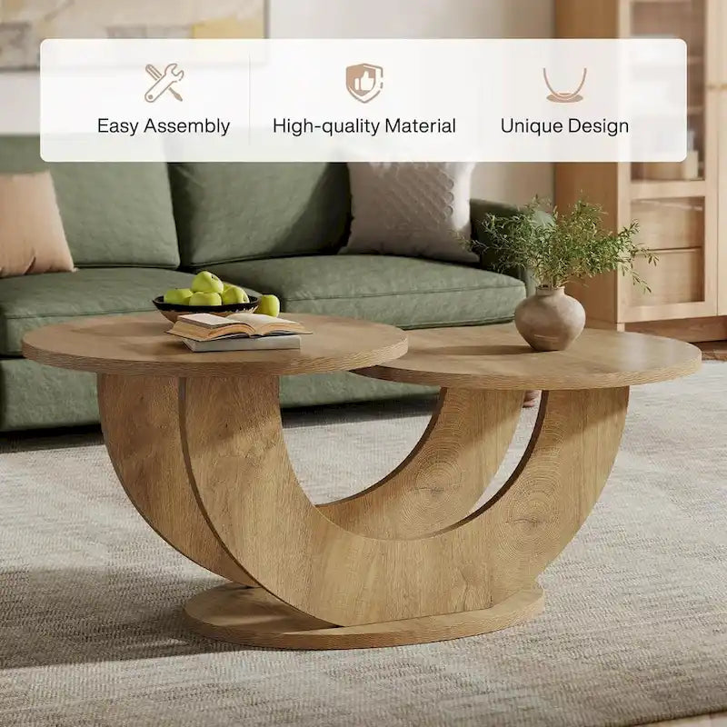 45.27 Inches Natural Engineered Wood Coffee Table with U Shaped Base, 2-Tier Farmhouse Tea Table for Living Room