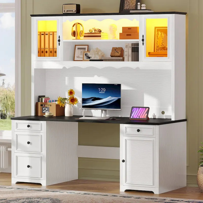 Moasis Farmhouse Executive Office Desk LED Computer Desk with Drawers and Storage Cabinet