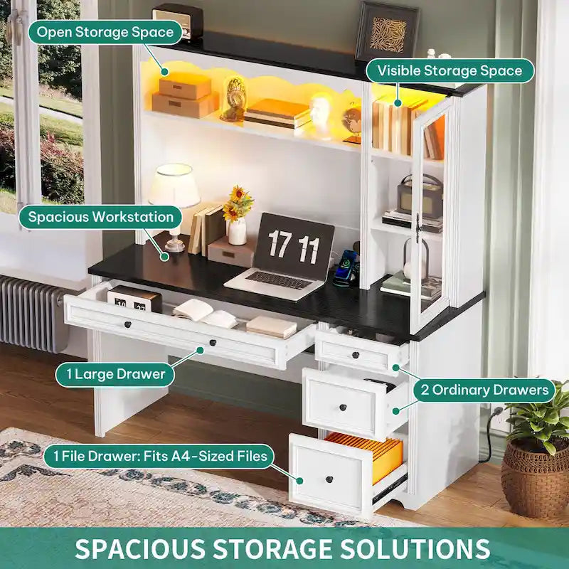 Moasis Farmhouse Executive Office Desk LED Computer Desk with Drawers and Storage Cabinet